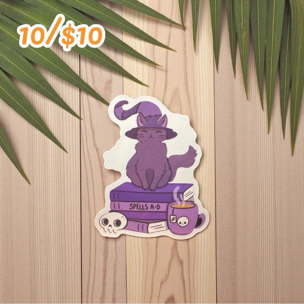 Witchy Cat on Spell Books Glossy Sticker – 2 1/4”